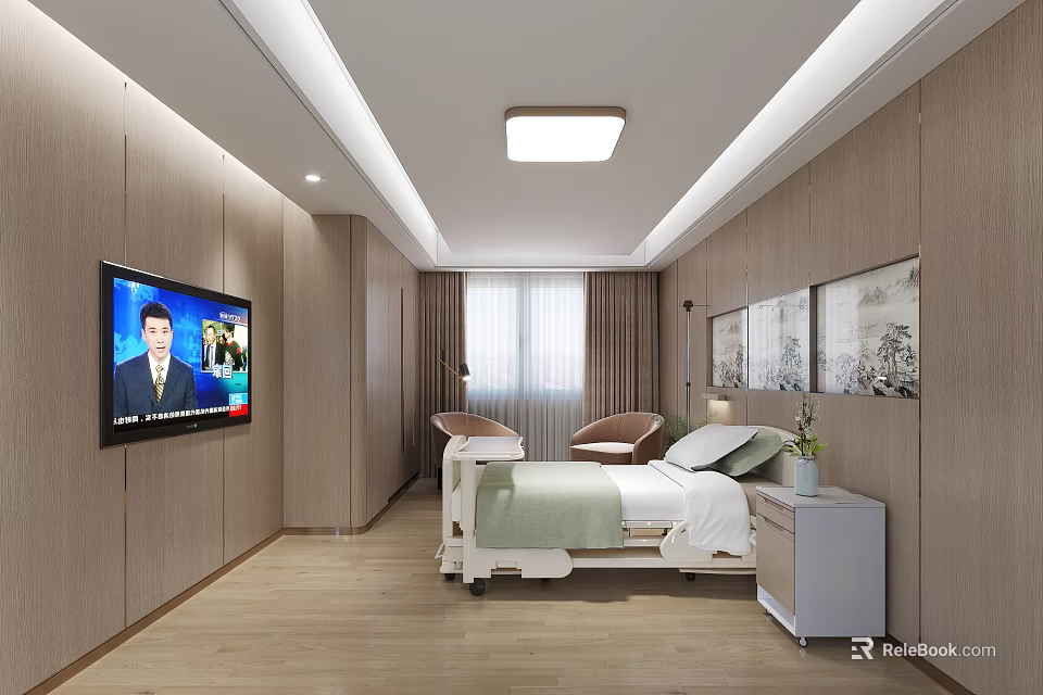 Modern Hospital Room Interior With Bed TV Chairs Window And Paintings 3d model 