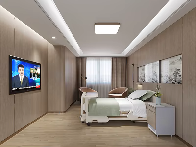 Modern Hospital Room Interior With Bed TV Chairs Window And Paintings 3d model