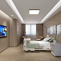 Modern Hospital Room Interior With Bed TV Chairs Window And Paintings