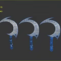 Three Silver Scythe Weapons with Intricate Patterned Handles and Shiny Finish