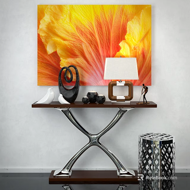 Stylish Console Table With Decorative Items Table Lamp And Floral Painting 3d model 