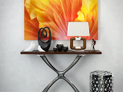 Stylish Console Table With Decorative Items Table Lamp And Floral Painting 3d model