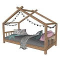 Wooden House Shaped Children's Bed with String Lights Pillows and Soft Blanket