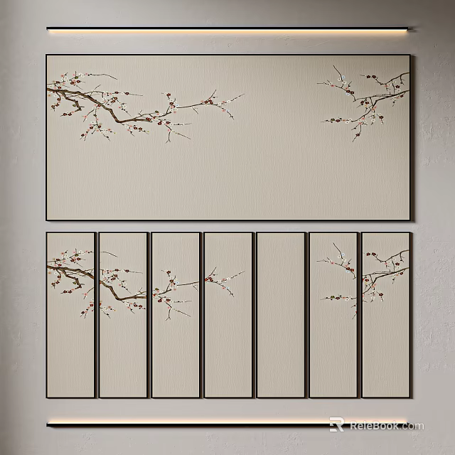 Plum Blossom Wall Art With Beige Background And Black Frames Multiple Panels 3d model 