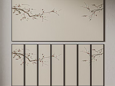 Plum Blossom Wall Art With Beige Background And Black Frames Multiple Panels 3d model