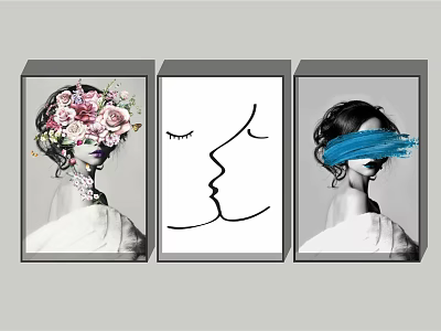 Three Female Portrait Art Pieces Featuring Floral Decoration Minimalist Line And Blue Brushstroke 3d model