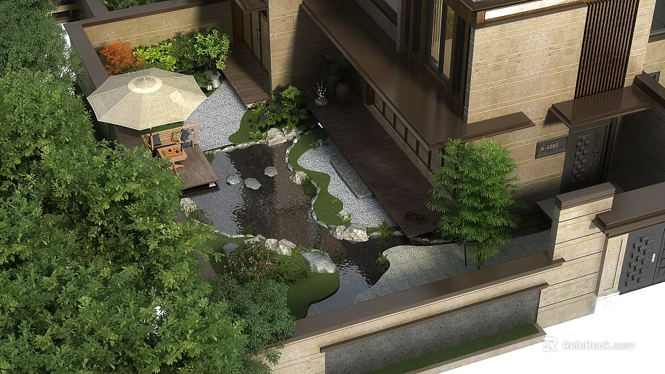 Traditional Garden Landscape With Courtyard Stone Path Small Pond Wooden Platform And Green Plants 3d model 