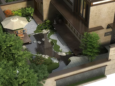 Traditional Garden Landscape With Courtyard Stone Path Small Pond Wooden Platform And Green Plants 3d model