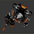 Sci Fi Robot Character With Mechanical Armor Holding Orange Rifle And Green Accents