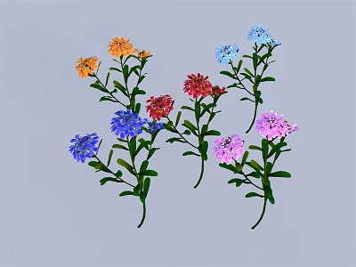 Vibrant Colorful Orange Blue Red Pink Flowers With Green Stems And Leaves 3d model