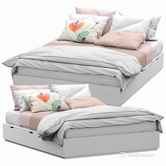 Modern Double Bed With Patterned Pillows Soft Bedspread And Neutral Tones 3d model