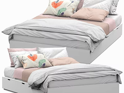 Modern Double Bed With Patterned Pillows Soft Bedspread And Neutral Tones 3d model