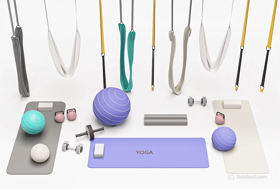Home Gym Fitness Equipment with Suspension Straps Yoga Balls Dumbbells Yoga Mats And Foam Rollers 3d model 