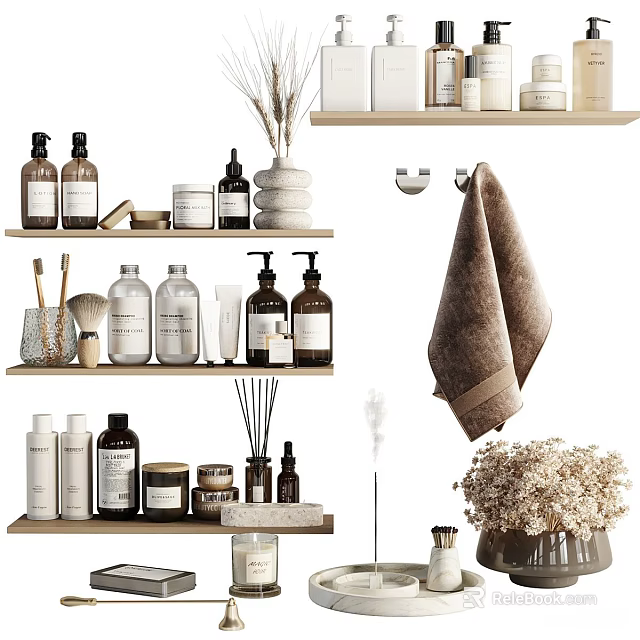 Organized Home Living Supplies With Bottles Towels Brushes Candles And Dried Flowers On Shelves 3d model 
