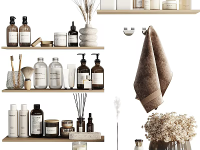 Organized Home Living Supplies With Bottles Towels Brushes Candles And Dried Flowers On Shelves 3d model