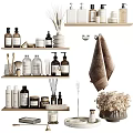 Organized Home Living Supplies With Bottles Towels Brushes Candles And Dried Flowers On Shelves