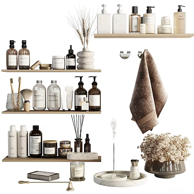 Organized Home Living Supplies With Bottles Towels Brushes Candles And Dried Flowers On Shelves 3d model