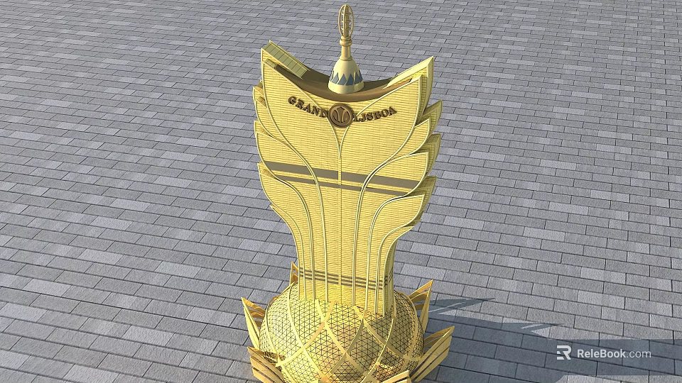 Golden Lotus Shaped Architectural Structure With Grand Casino Signage 3d model 