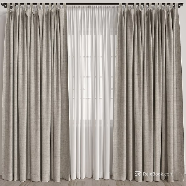 Light Gray Textured Curtains With White Sheer Voile For Window Decoration 3d model 
