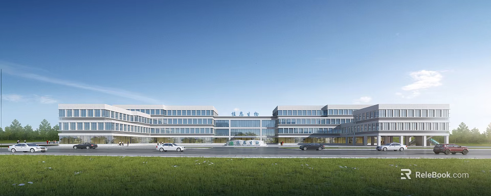 Modern Multi Story Office Building With Glass Curtain Walls Lawn And Parking Lot 3d model 