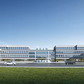 Modern Multi Story Office Building With Glass Curtain Walls Lawn And Parking Lot