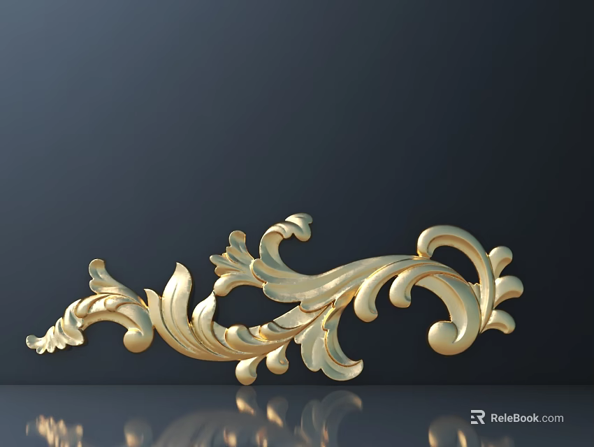Elegant Golden Ornate Carving With Curved Floral Patterns On Dark Background 3d model 
