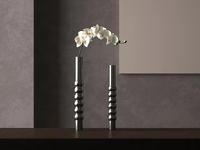 Silver Spiral Vases With White Orchid On Dark Tabletop Against Gray Wall And Light Frame 3d model