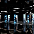 Art Installation Featuring Exhibition Columns With Flowing White Lines And Black Reflective Floor