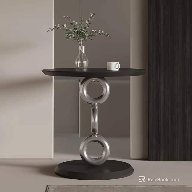 Modern Minimalist Side Table With Black Tabletop Silver Ring Base And Greenery Vase 3d model 