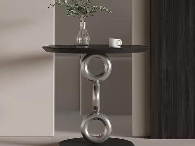 Modern Minimalist Side Table With Black Tabletop Silver Ring Base And Greenery Vase 3d model