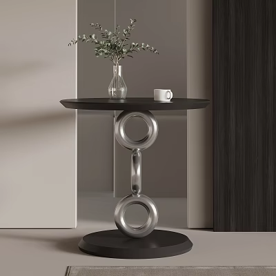 Modern Minimalist Side Table With Black Tabletop Silver Ring Base And Greenery Vase 3d model