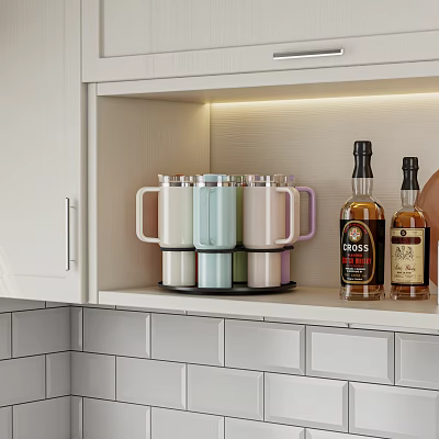 Colorful Handle Cups Stacked On Modern Kitchen Cabinet Shelf With Bottles 3d model