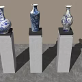 Ceramic Vases in Blue and White Design on White Pedestals with Gold Vertical Striped Wall
