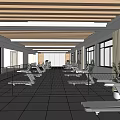 Modern Fitness Gym With Treadmills Large Windows Wooden Ceiling And Metal Fence