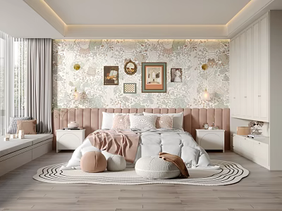 Modern Cozy Kids Bedroom With Decorative Wallpaper And Storage Furniture 3d model