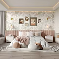 Modern Cozy Kids Bedroom With Decorative Wallpaper And Storage Furniture