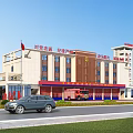 Modern Fire Station Exterior With Fire Truck Flag And Vehicle On Road