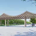 Wooden Arch Entrance Gate With Green Trees And Paved Pathway For Pedestrians