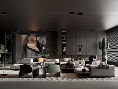 Modern Living Room Interior With Dark Wooden Staircase Green Plants Sofa Chairs And Bookshelves 3d model