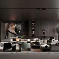Modern Living Room Interior With Dark Wooden Staircase Green Plants Sofa Chairs And Bookshelves