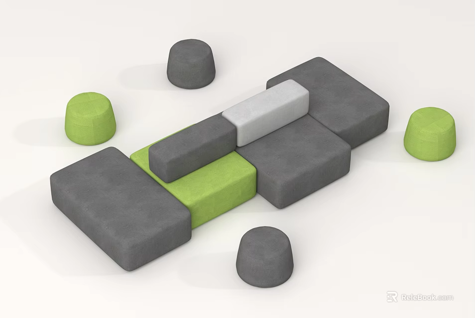 Modular Sofa Set With Gray Green Square Modules And Round Ottoman Stools 3d model