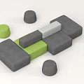 Modular Sofa Set With Gray Green Square Modules And Round Ottoman Stools 3d model