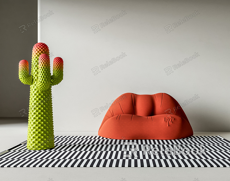 Modern Single Sofa Cactus Ornaments Coat Rack Red Lip Sofa model