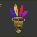 Decorative Ornament Set With Wooden Totem Design Colorful Feathers Green Eyes And Leaf Base