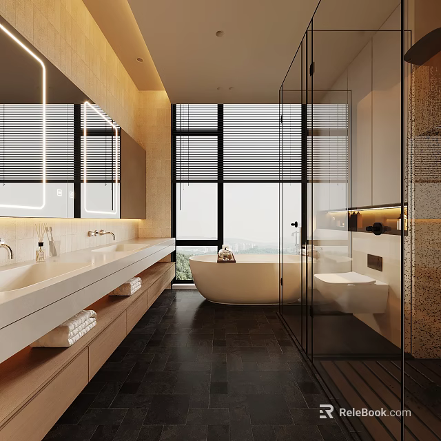 Warm Modern Luxury Bathroom Interior With Freestanding Tub Double Vanity Glass Shower And Large Window 3d model 