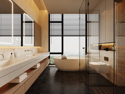 Warm Modern Luxury Bathroom Interior With Freestanding Tub Double Vanity Glass Shower And Large Window 3d model
