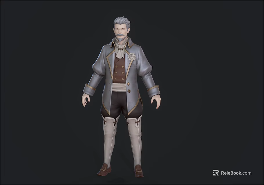 3D Model of Gray Haired Man in Gray Coat Brown Vest Shorts and Brown Shoes 3d model 