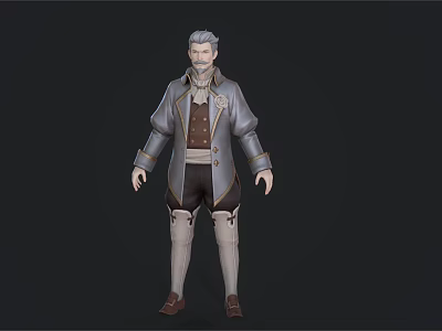 3D Model of Gray Haired Man in Gray Coat Brown Vest Shorts and Brown Shoes 3d model