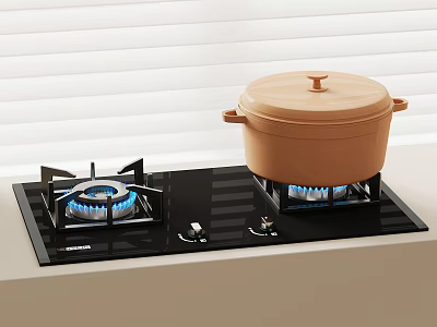 Black Gas Stove With Blue Flames And Orange Pot With Lid In Kitchen 3d model