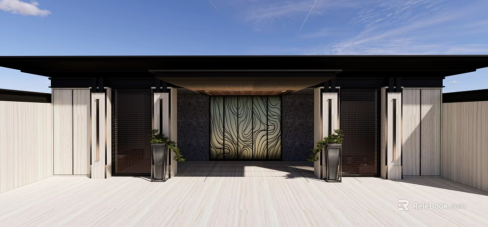 Modern Entrance Gate Design With Decorative Panel Stone Walls And Planters 3d model